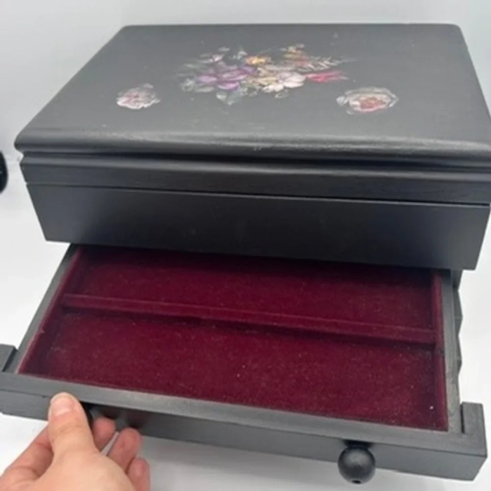 Vintage Wood Jewelry Box Organizer Black Floral Decal Storage Chest Cottagecore